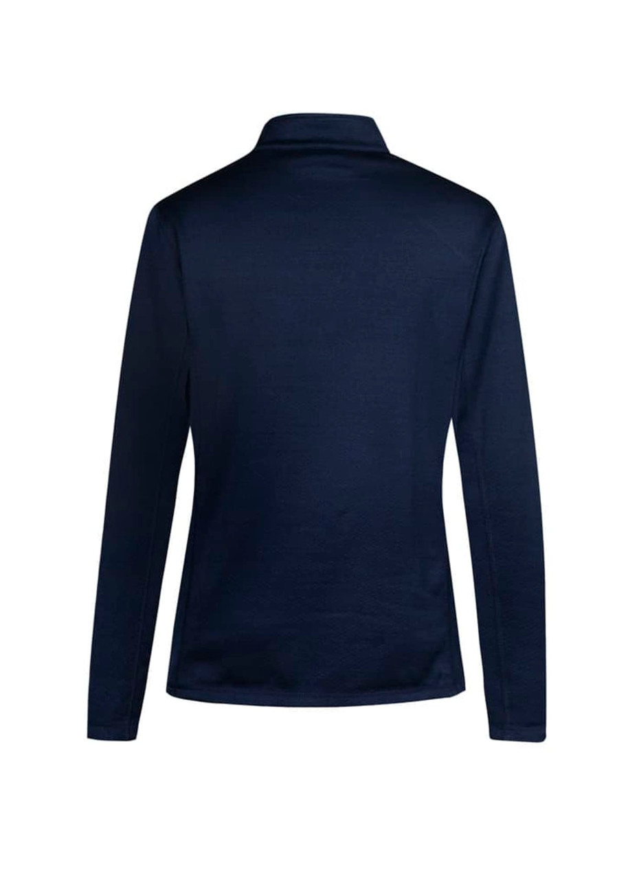A navy women's long-sleeve top with a collar, featuring a logo on the back.