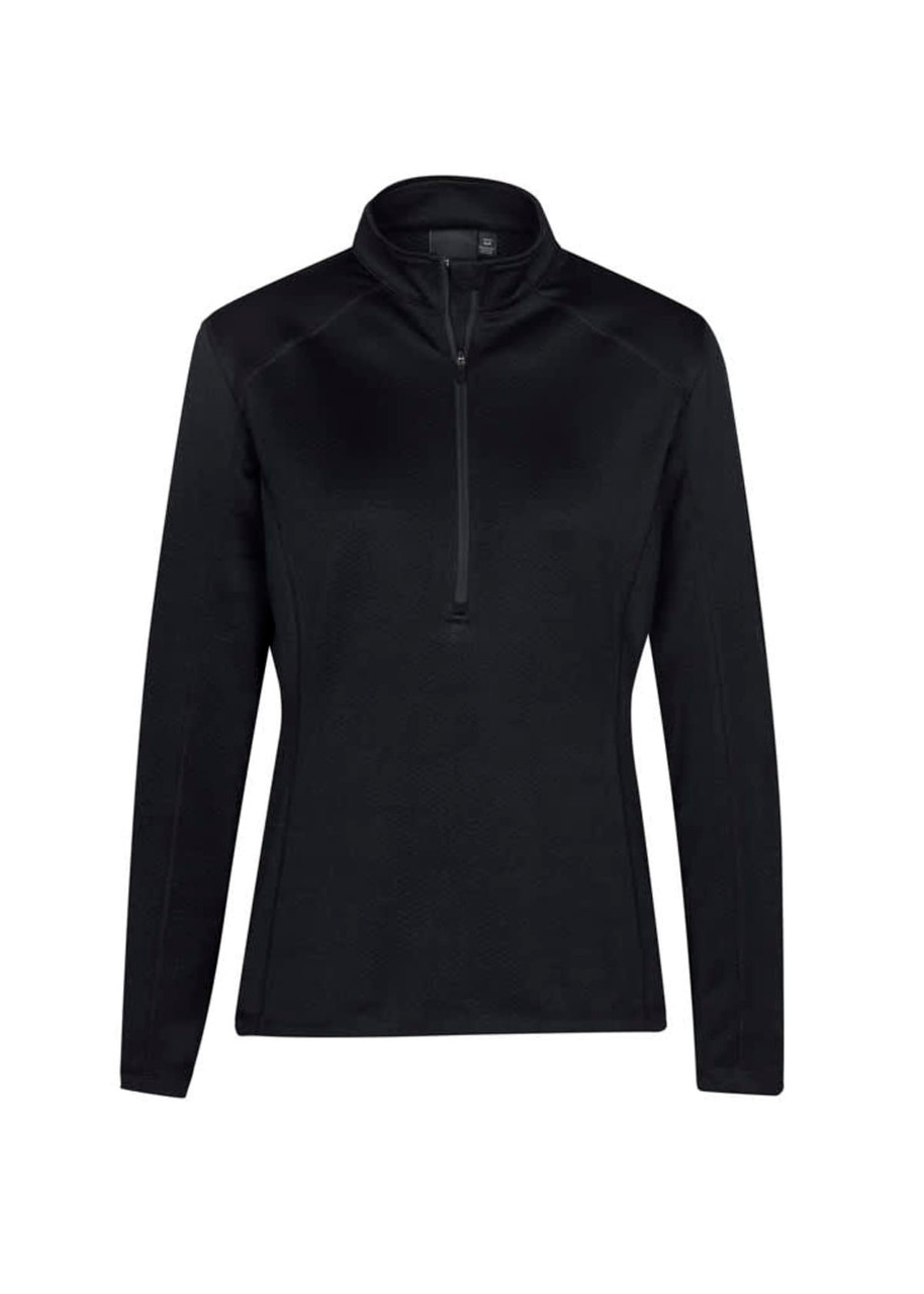 A black women's zippered jumper with long sleeves and a high collar. It has a logo on the chest.