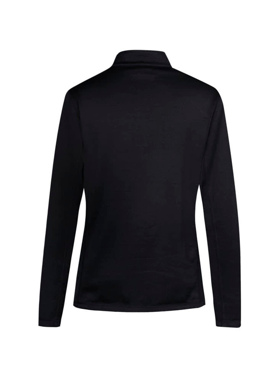 A black women's top with a collar and long sleeves, featuring a logo on the back.