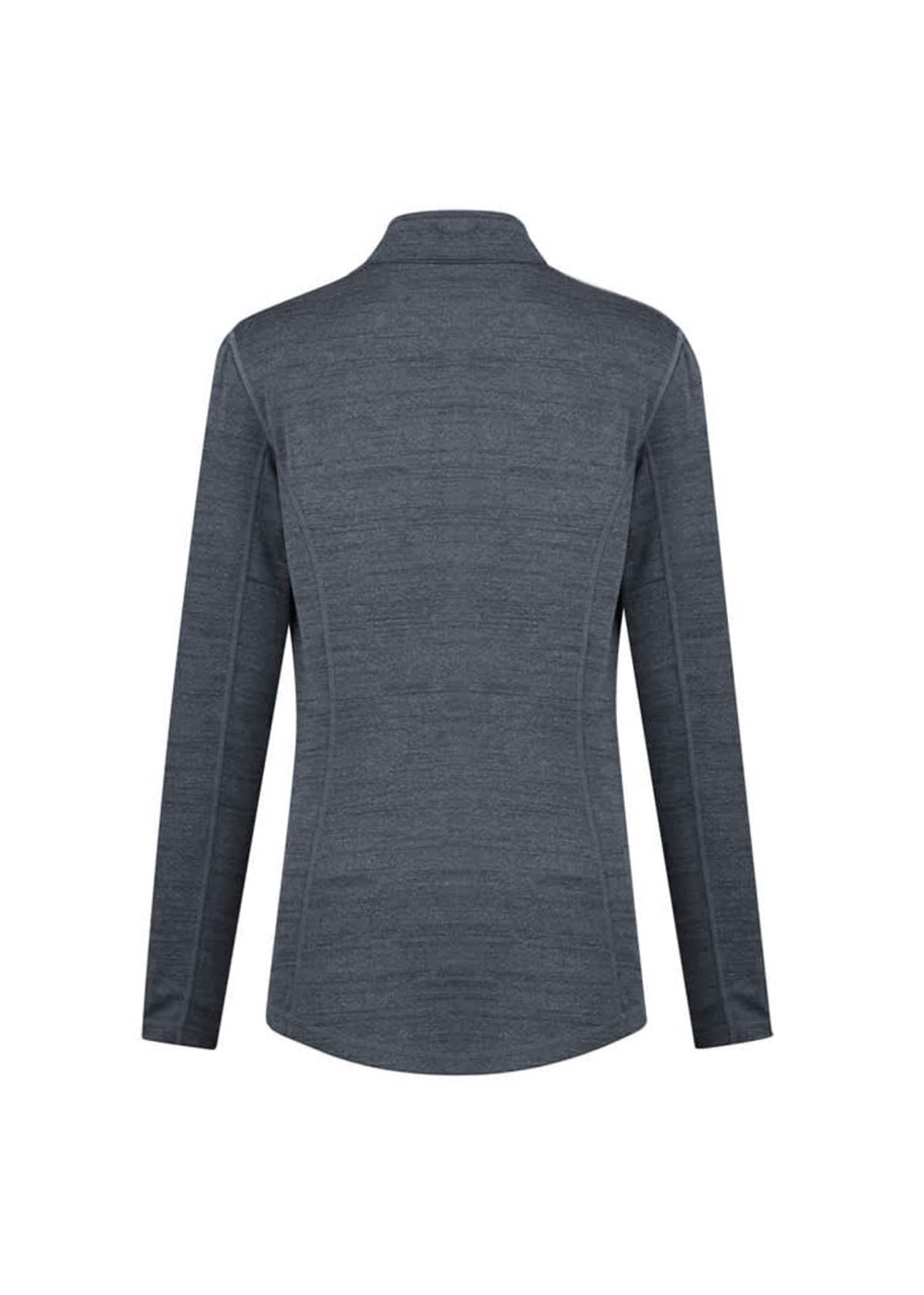 A grey women's Monterey top with long sleeves and a high collar, featuring a logo on the back.