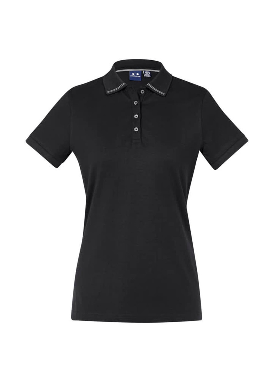 A black women's short sleeve polo shirt with a collar and a logo. It features button detailing and contrasting trim.