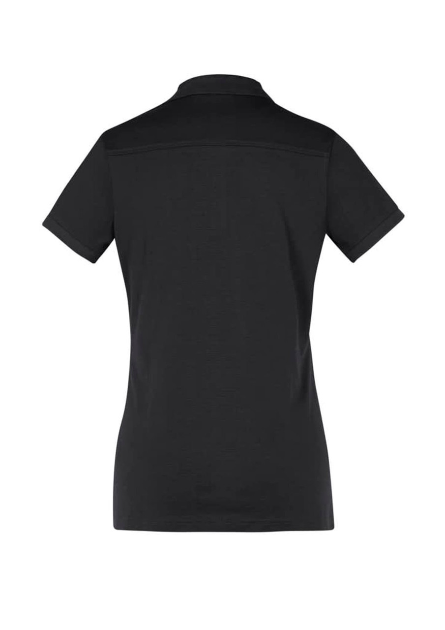 A black women's short sleeve polo shirt with a classic collar and a branded logo.