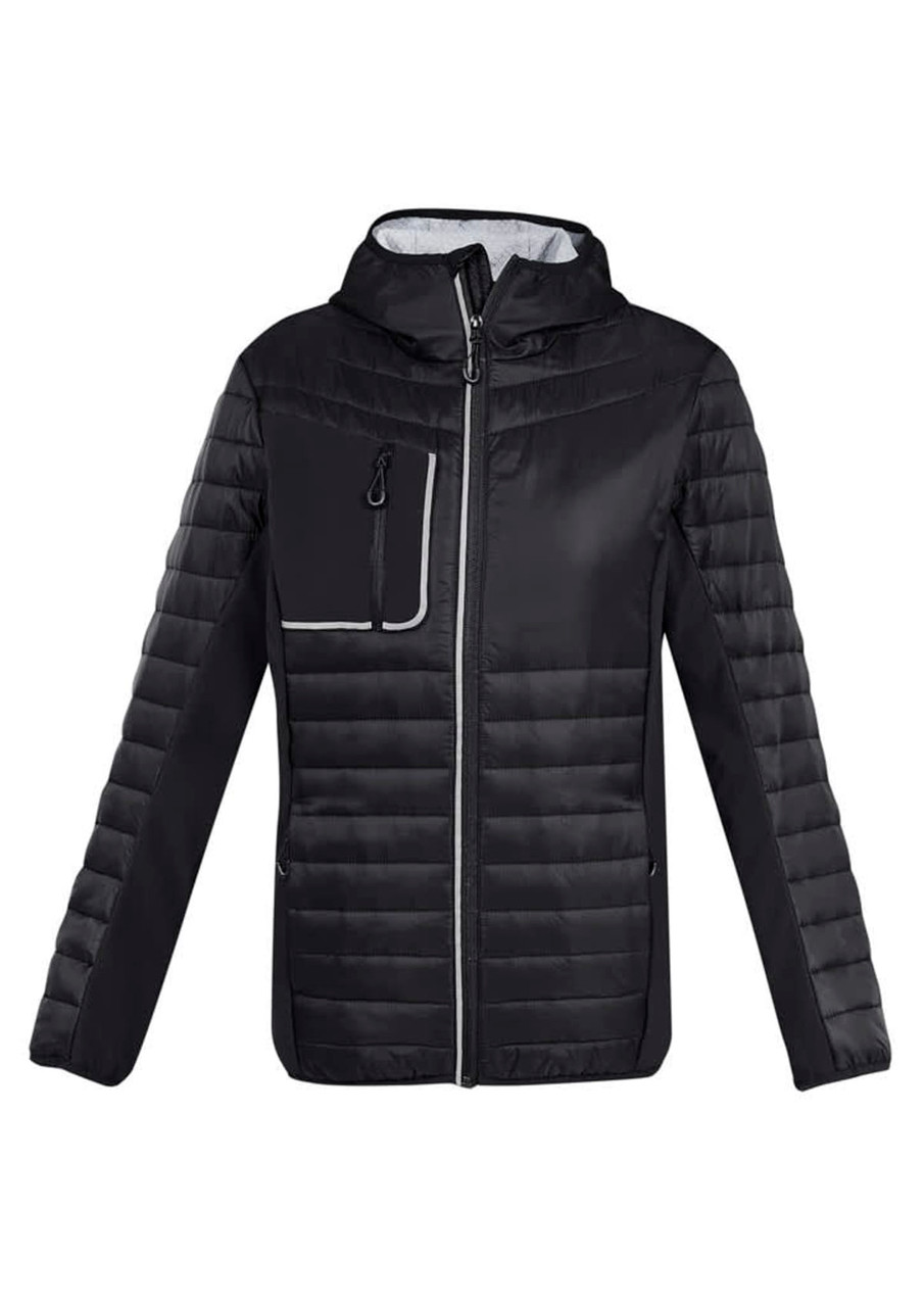 A unisex black soft shell jacket with a zip front and a large chest pocket. It features a hood and quilted design.
