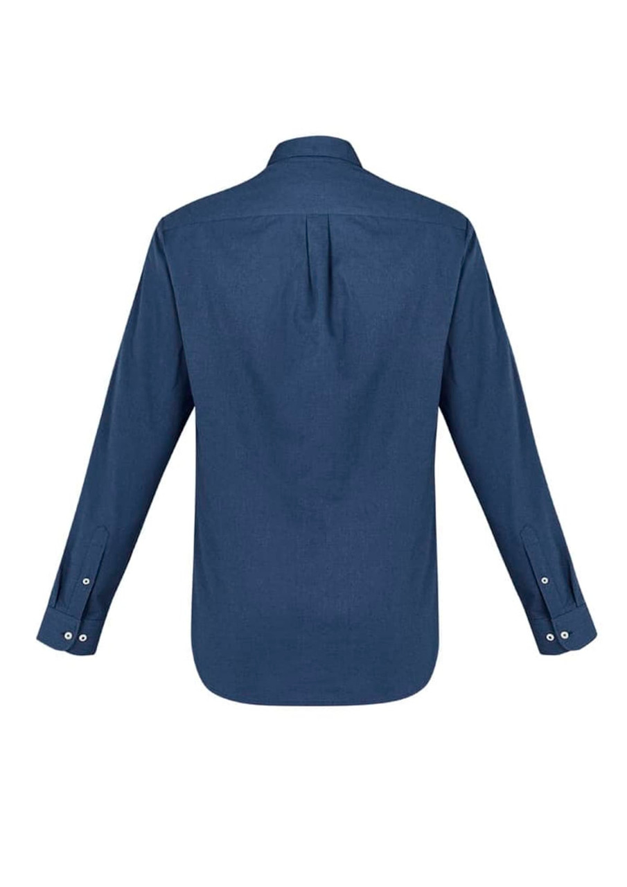 A navy blue long sleeve button-up shirt with a smooth fabric and a back yoke detail. It features a logo.