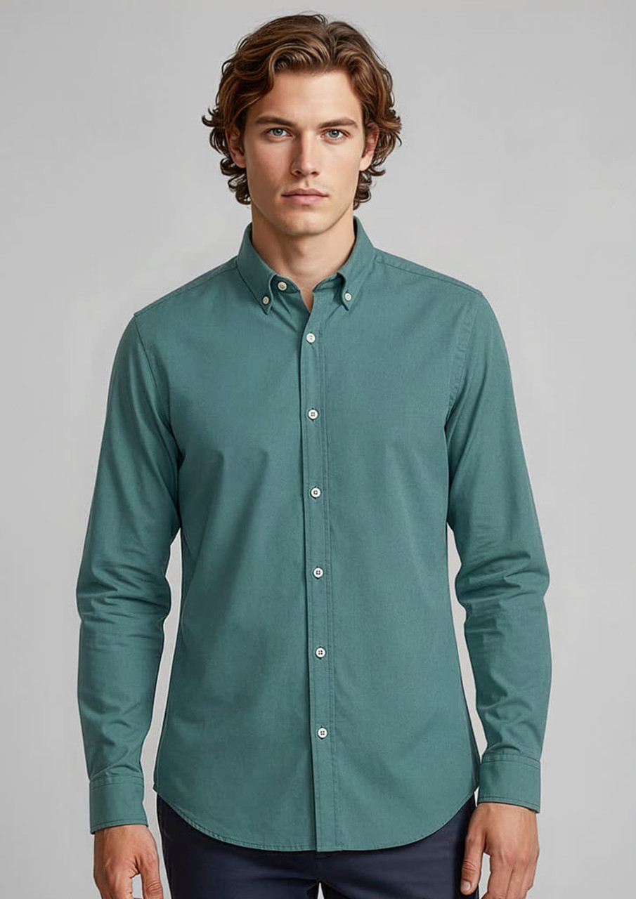 A men's long sleeve button-up shirt in a teal colour, featuring a collar and a logo on the chest.