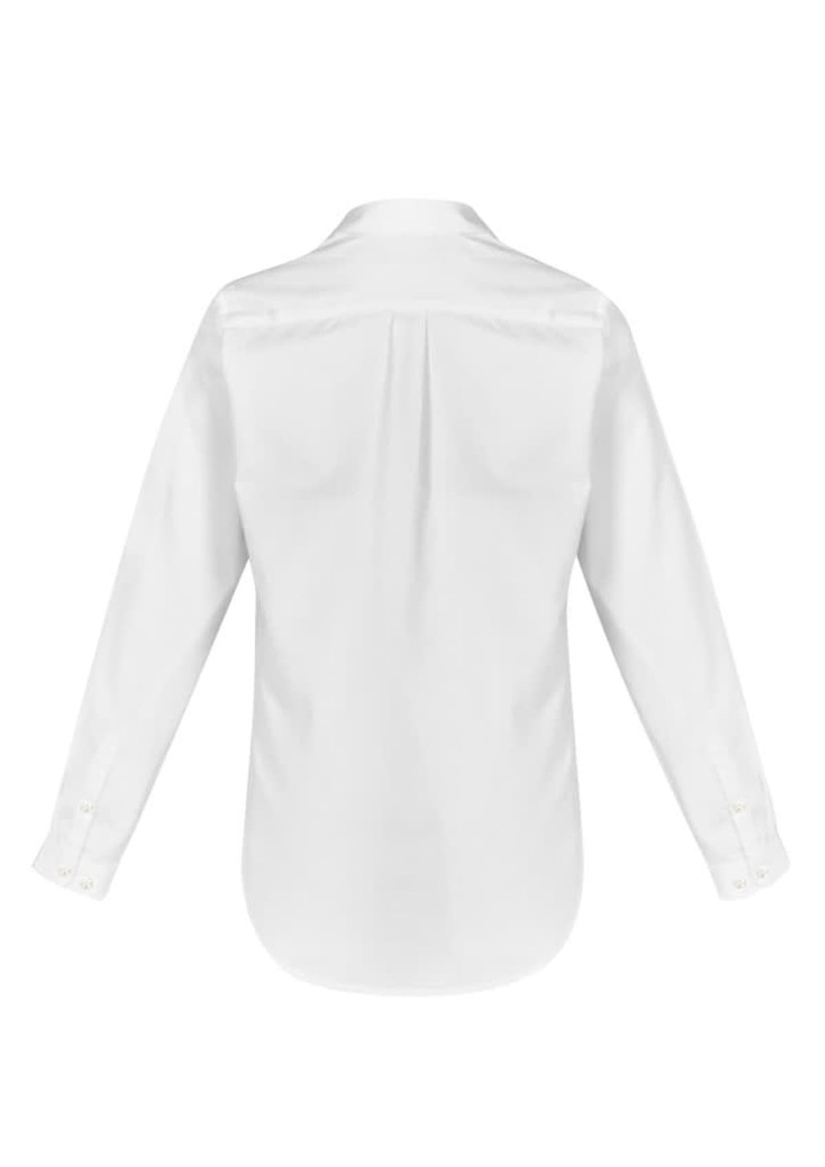 A white button-up shirt with long sleeves and a curved hemline, featuring a logo on the back.