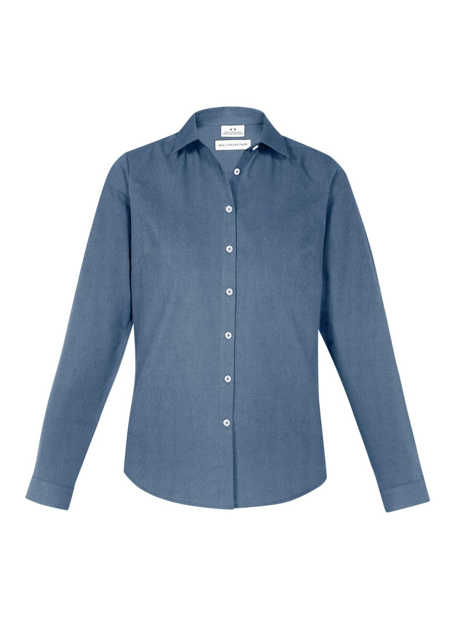 A women's long sleeve button-up shirt in light blue with a collar and button front, featuring a logo.
