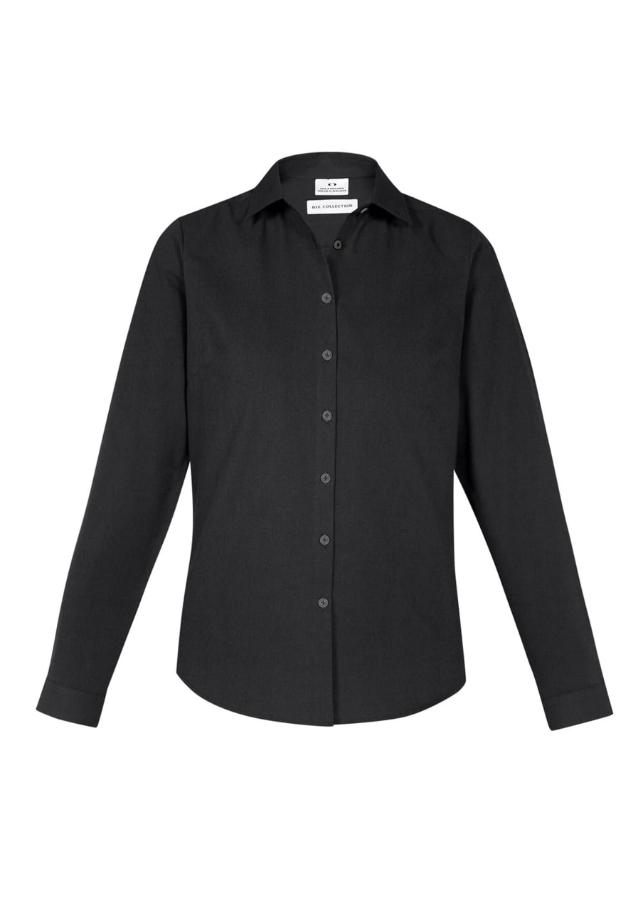 A black women's long sleeve button-up shirt featuring a classic collar and a logo on the label.