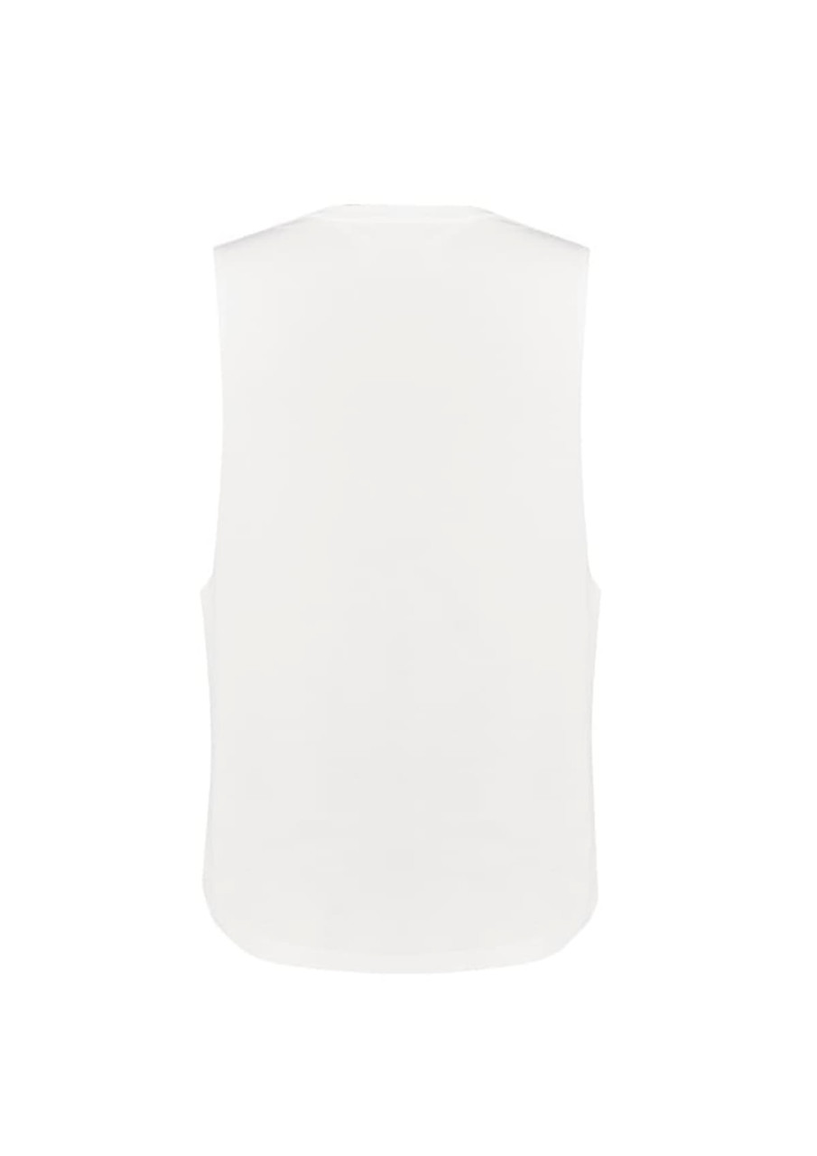 A sleeveless tee in white, featuring a simple design and a logo on the back.