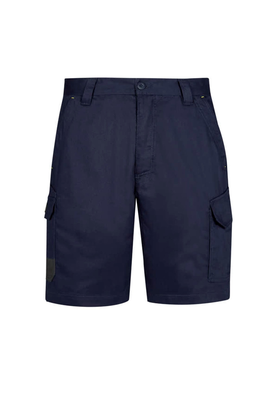 Navy cargo shorts featuring side pockets and a decorative logo. Ideal for casual summer wear.