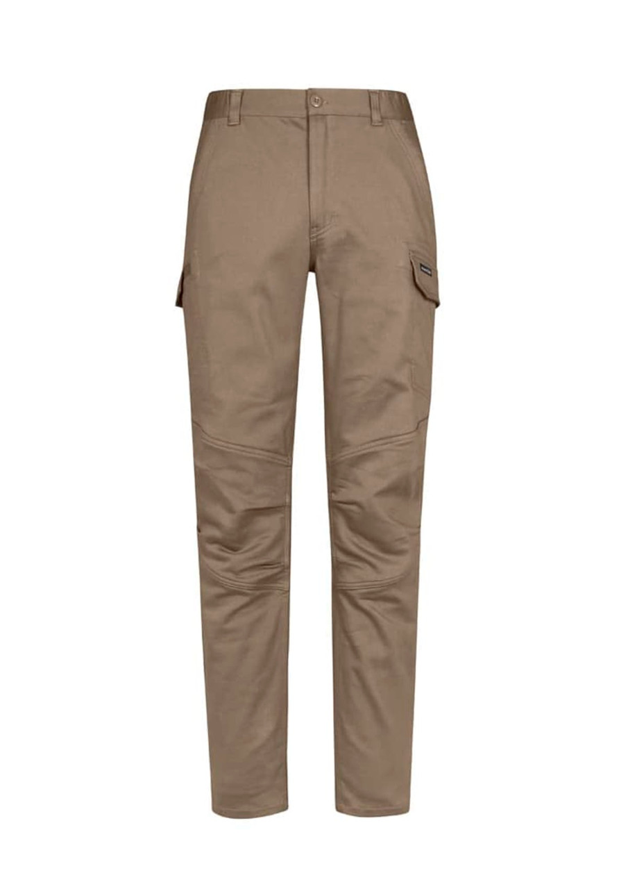 Men's Work Pants in khaki with cargo pockets, featuring a stylish, comfortable design and a branding logo.