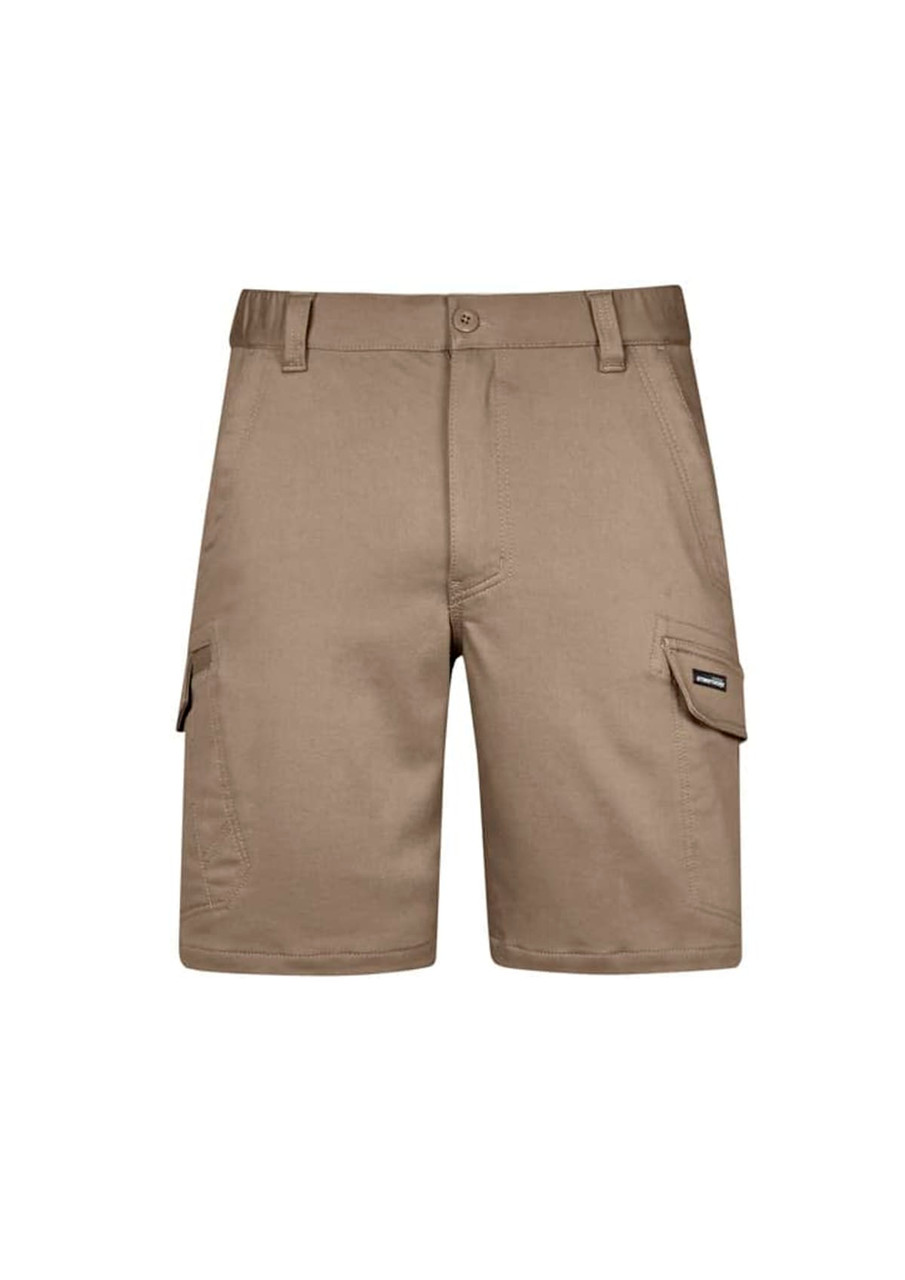 A pair of khaki work shorts featuring side pockets and a waistband with a logo. Suitable for workwear.