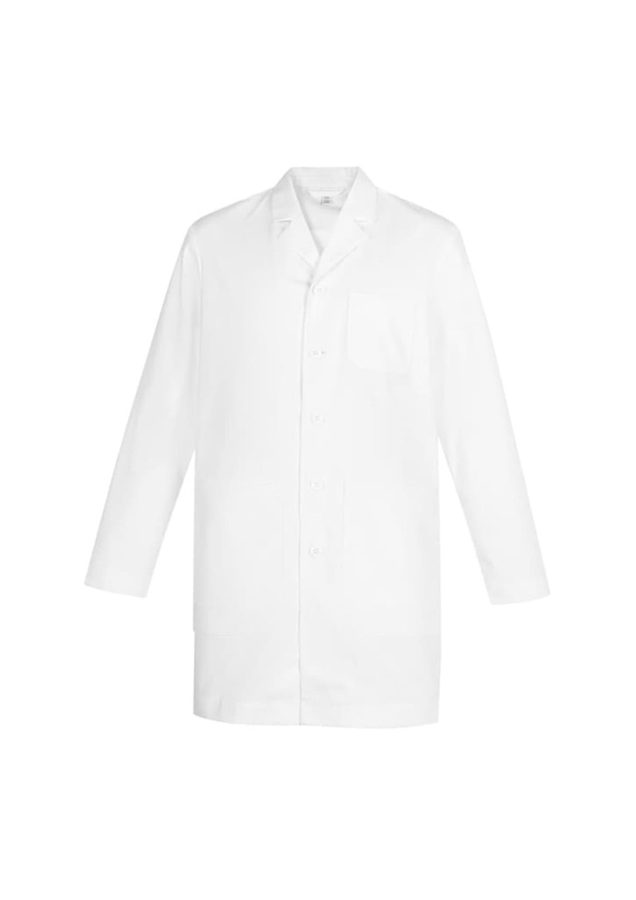 A white longline lab coat featuring a front pocket and a logo on the chest.