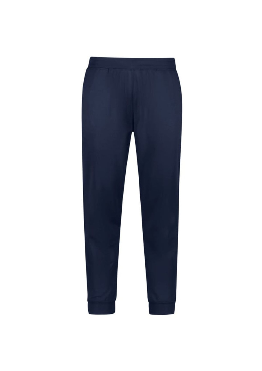 Navy track pants featuring an elastic waistband and cuffs, with a logo on the front.