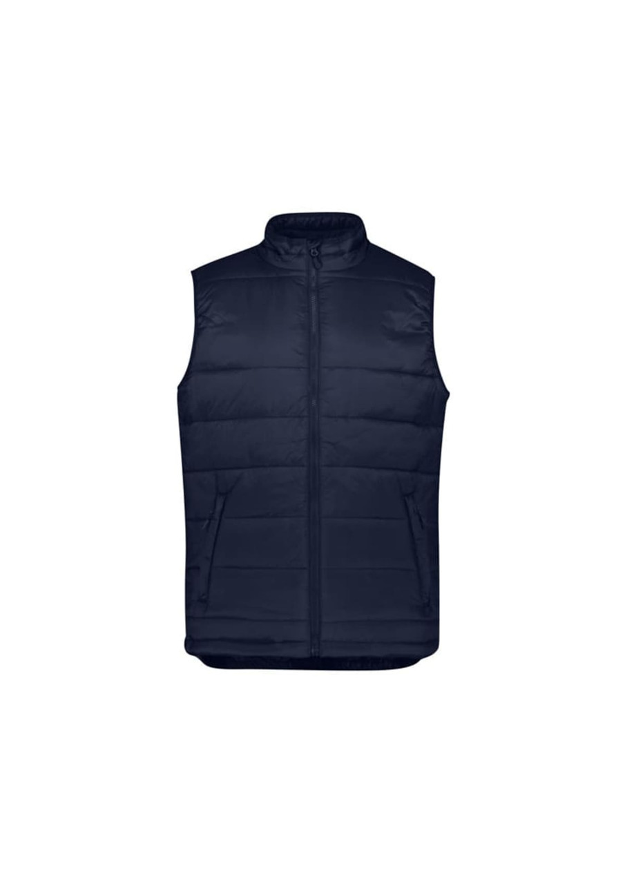 A navy blue men's alpine vest featuring a zip closure and two front pockets. It has a logo on it.
