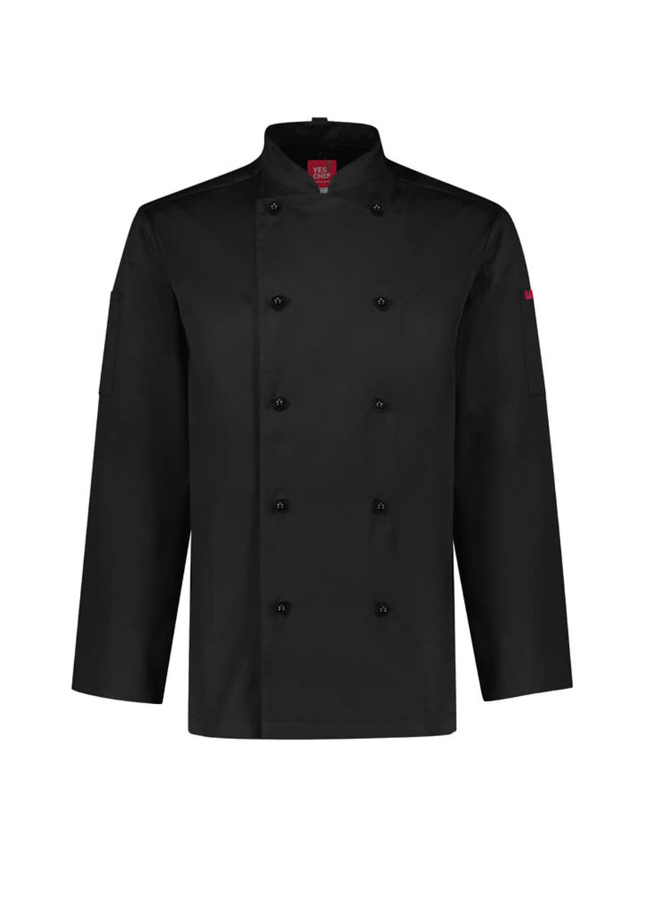 A black long sleeve chef jacket with a double-breasted design and a logo on the sleeve.