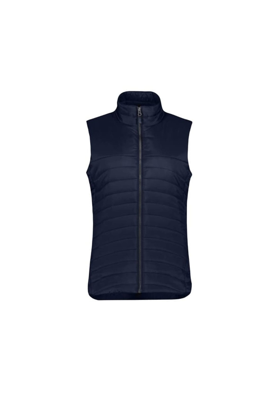 A navy womens expedition vest with a zip front and a high collar, featuring a quilted design and no sleeves.
