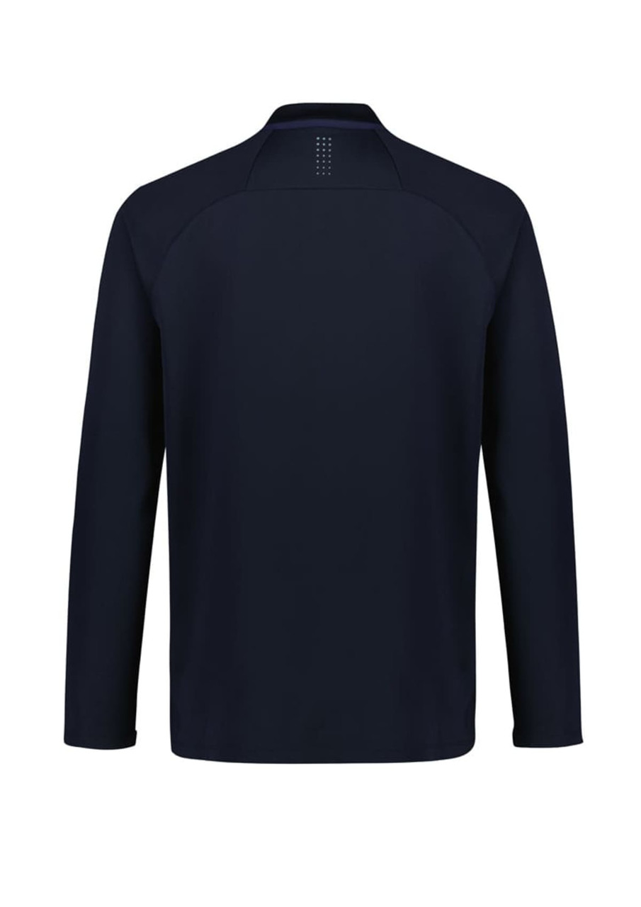 A navy unisex jumper made from polar fleece, featuring long sleeves and a simple design with a logo.