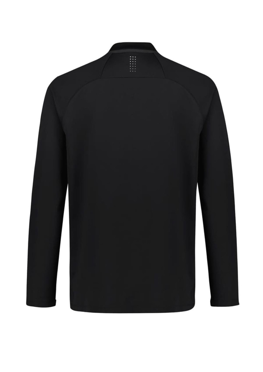 A black unisex mid-layer top with long sleeves and a back panel design, featuring a logo.