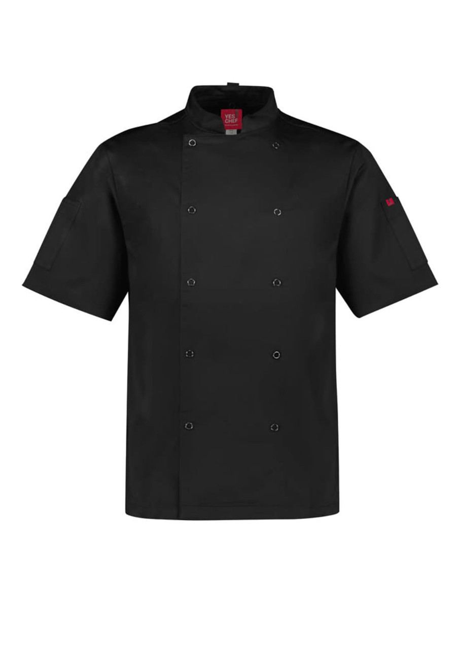 A black short sleeve chef jacket featuring a double-breasted design and one logo on the sleeve.