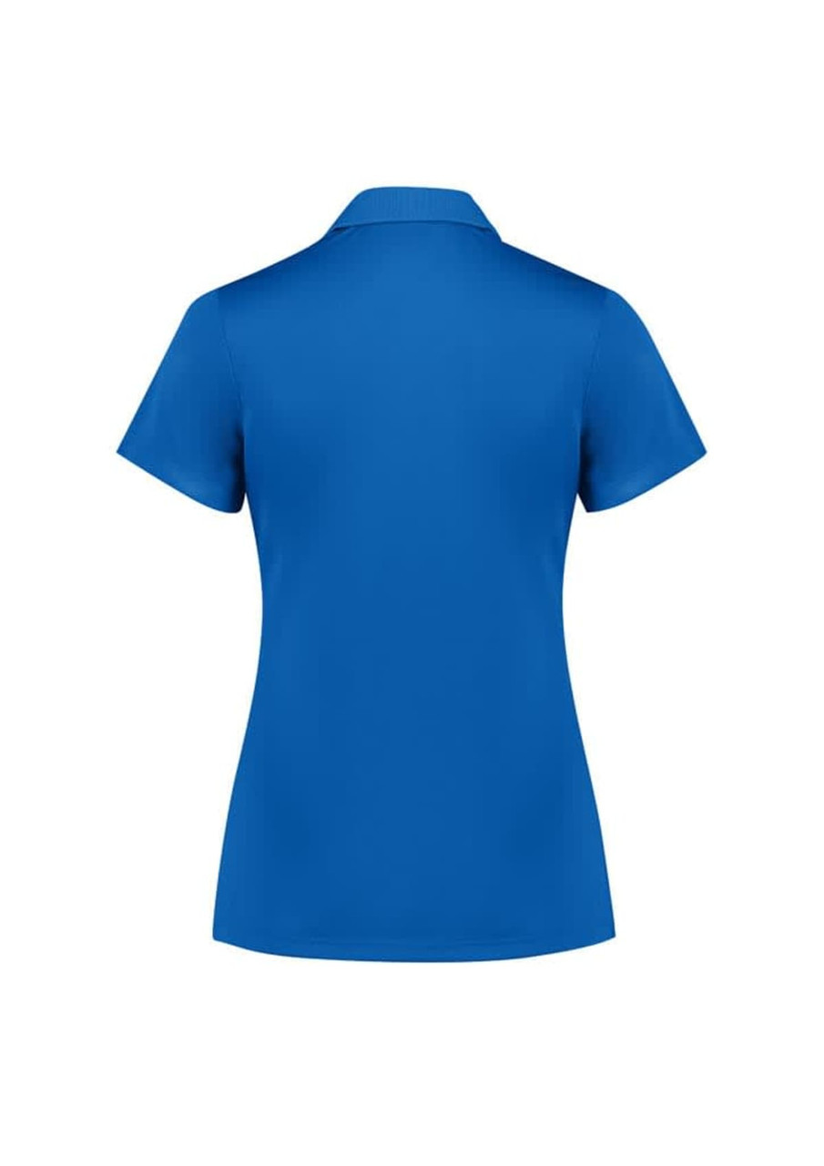 A blue women's short sleeve polo shirt with a collar and a logo on the back.