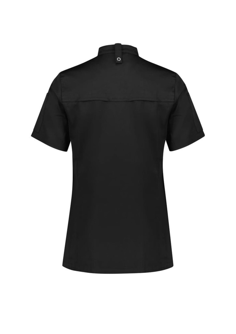 A black women's short sleeve jacket with a back button and a collar, featuring a logo on one sleeve.