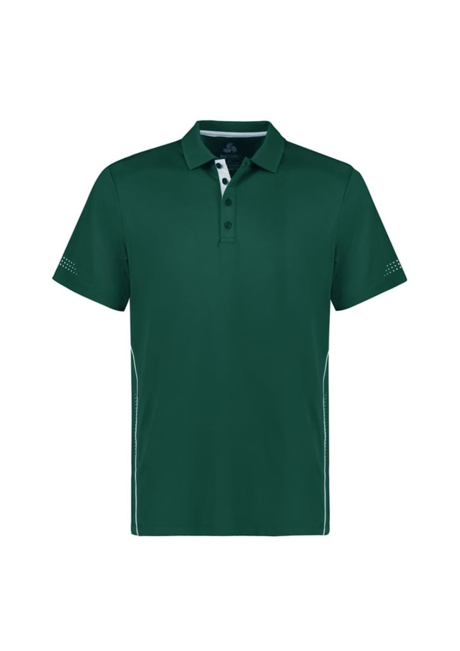 A green short sleeve polo shirt featuring a collar, with a logo and contrasting details on the sides.