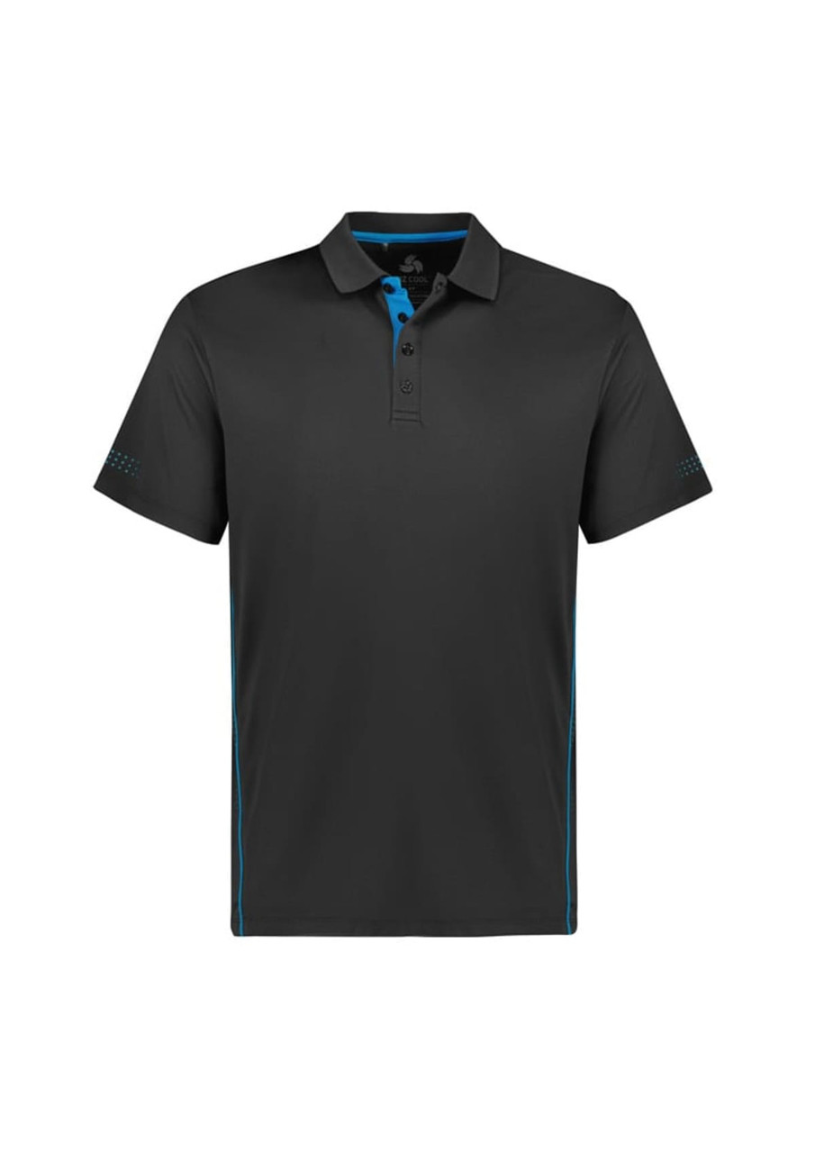 A black short sleeve polo shirt with turquoise accents and a logo on the chest.