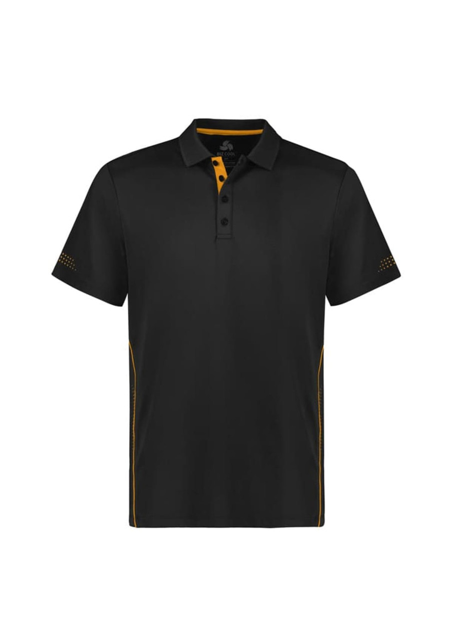 A black short sleeve polo shirt with yellow accents and a logo on the chest.