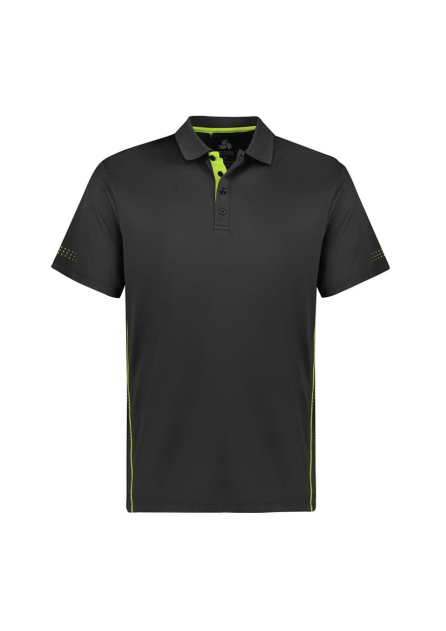 A black short sleeve polo shirt with lime green accents and a logo on the chest.