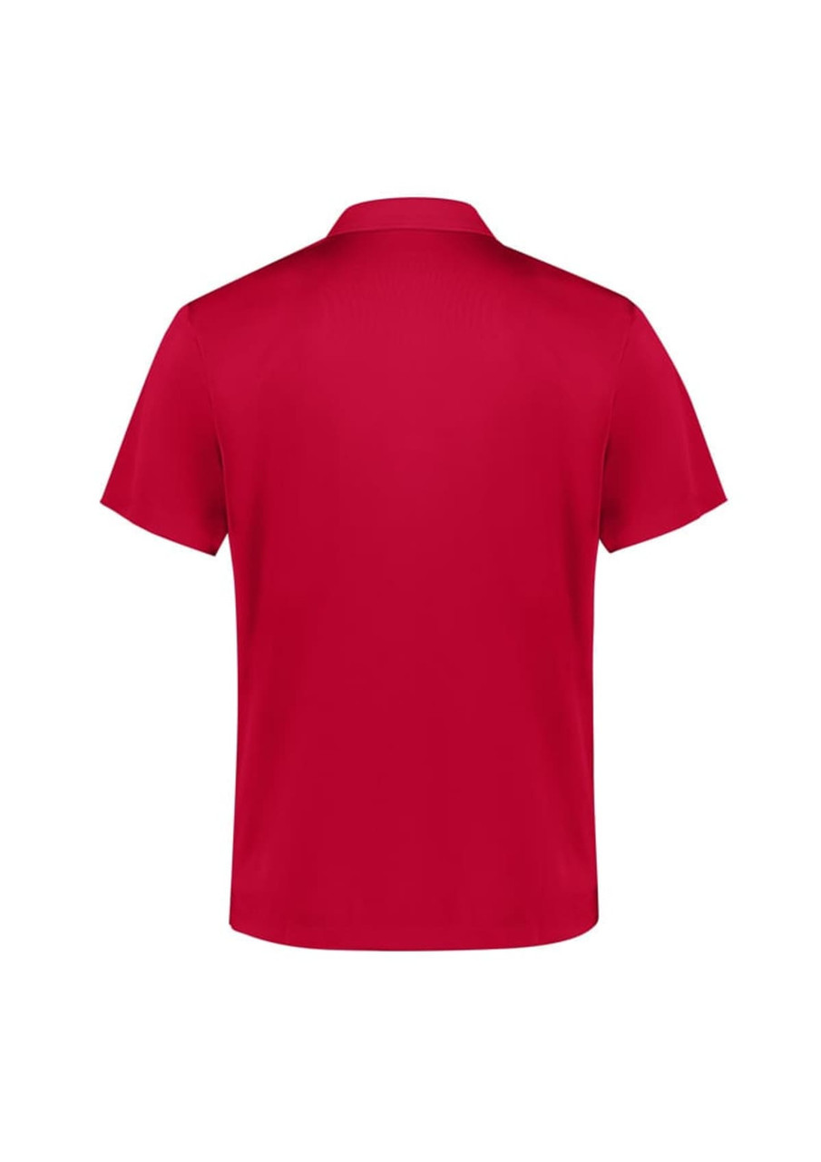 A red short sleeve polo shirt with a plain back and a small logo on the neckline.