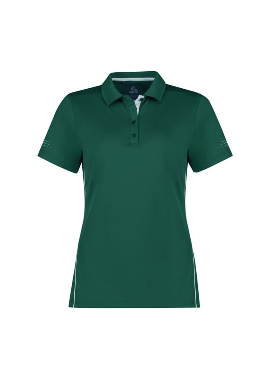 A green women's short sleeve polo shirt with a collar and side detailing, featuring a logo.