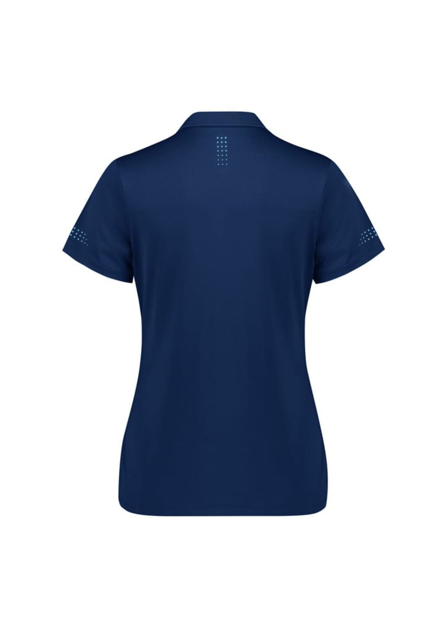 A women's short sleeve polo shirt in navy blue with a subtle logo and dotted design on the shoulders.