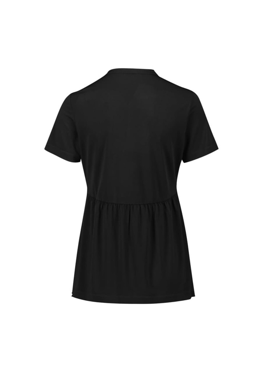 A black women's Mali Stretch Tunic T-Top with short sleeves and a gathered waist. It features a branding logo.