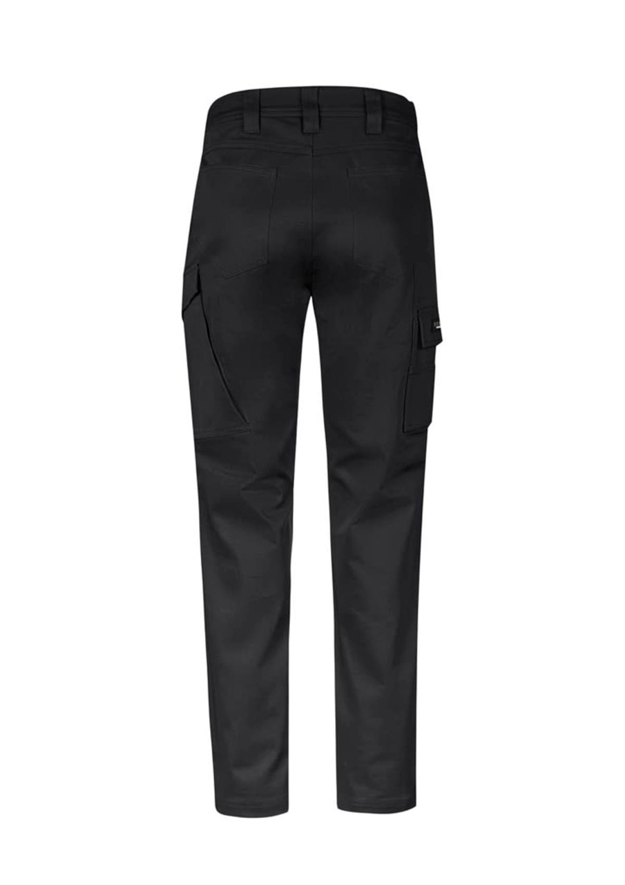 A pair of black men's stretch cargo pants featuring side pockets and a simple logo on the back.