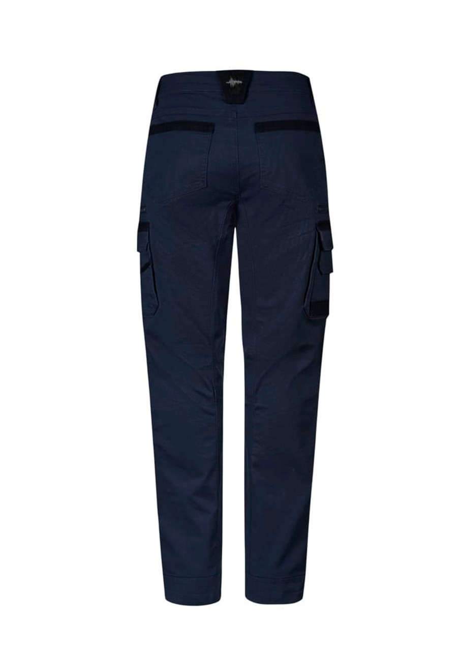 A pair of navy work pants featuring side pockets and a logo on the waistband.
