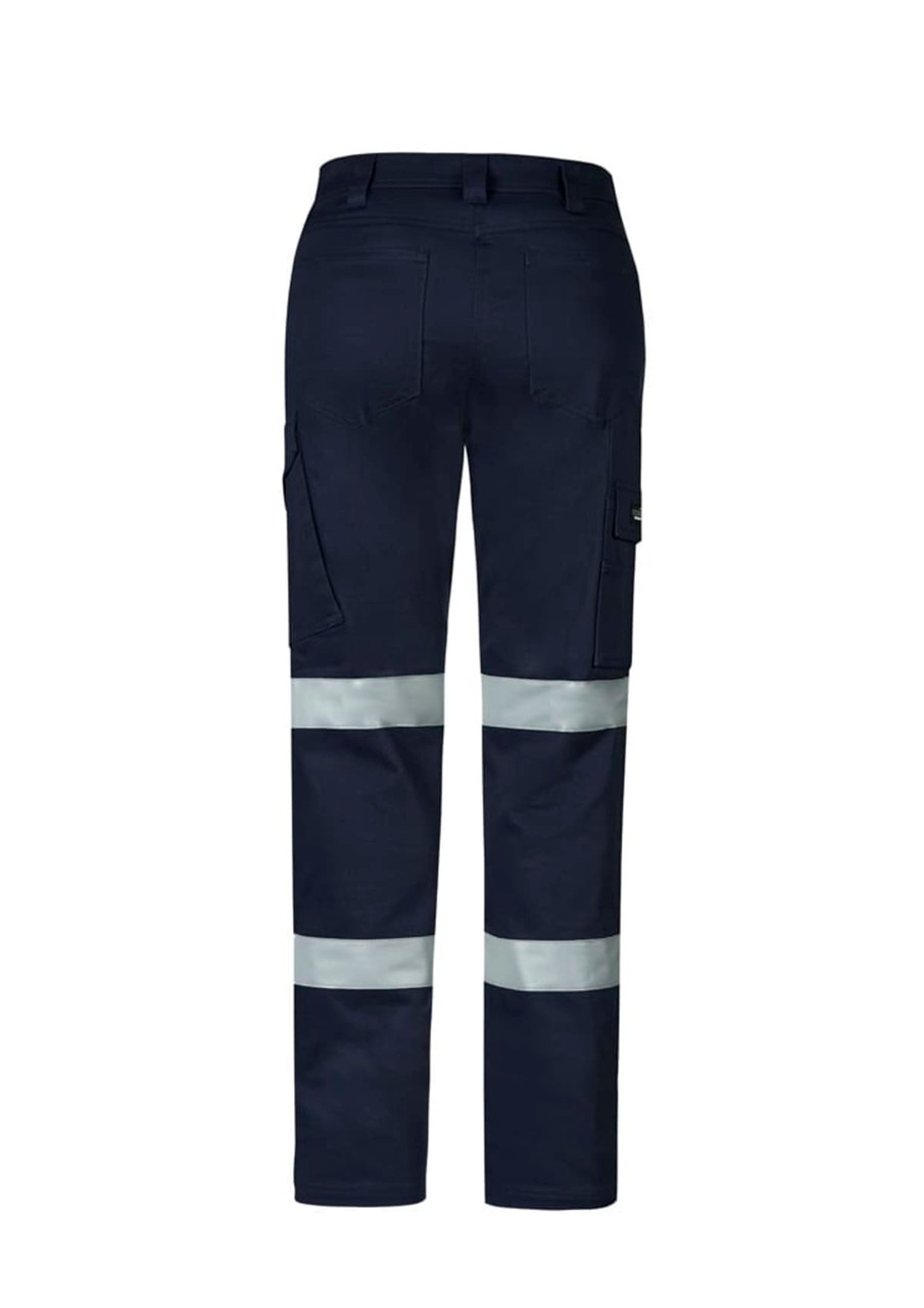 A pair of women's navy cargo pants with reflective stripes and multiple pockets, featuring a logo.