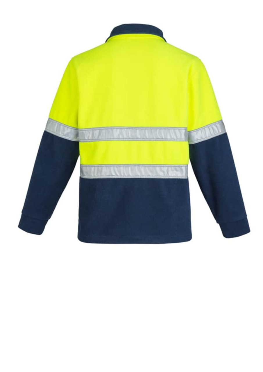 A unisex polar fleece pullover in high visibility yellow and navy, featuring hoop taped reflective stripes and a collar.