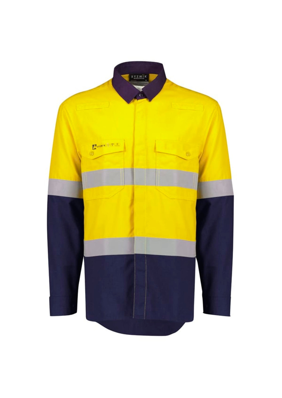 Men's lightweight ripstop shirt in yellow and navy, featuring reflective hoop tape and front pockets. Includes branding.