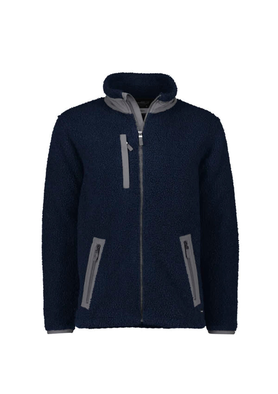 A unisex full zip sherpa fleece jumper in navy with grey accents and two zip pockets. Features a collar and a logo.