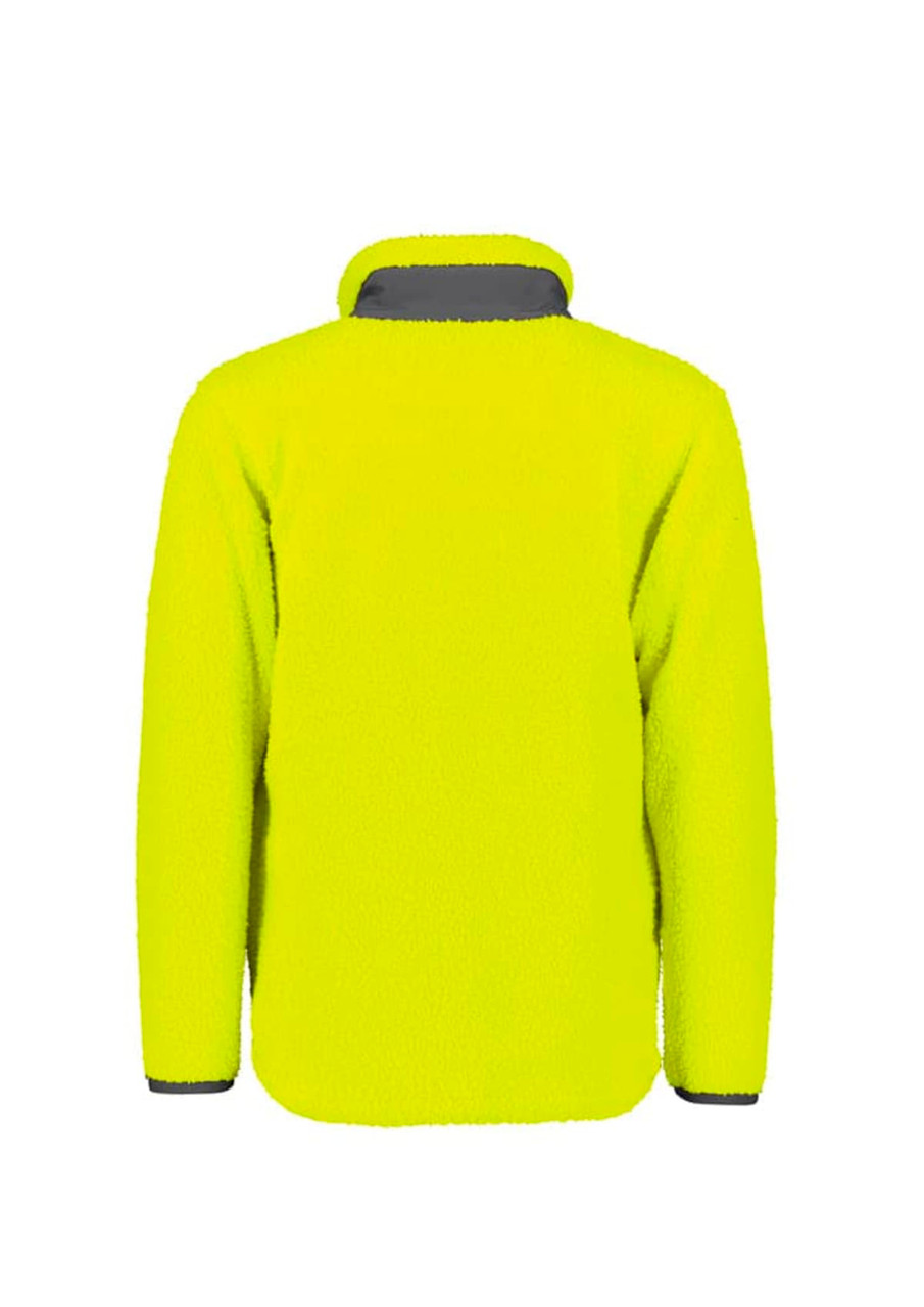 A bright yellow unisex full zip sherpa fleece jumper with a grey collar and cuffs, featuring a logo.