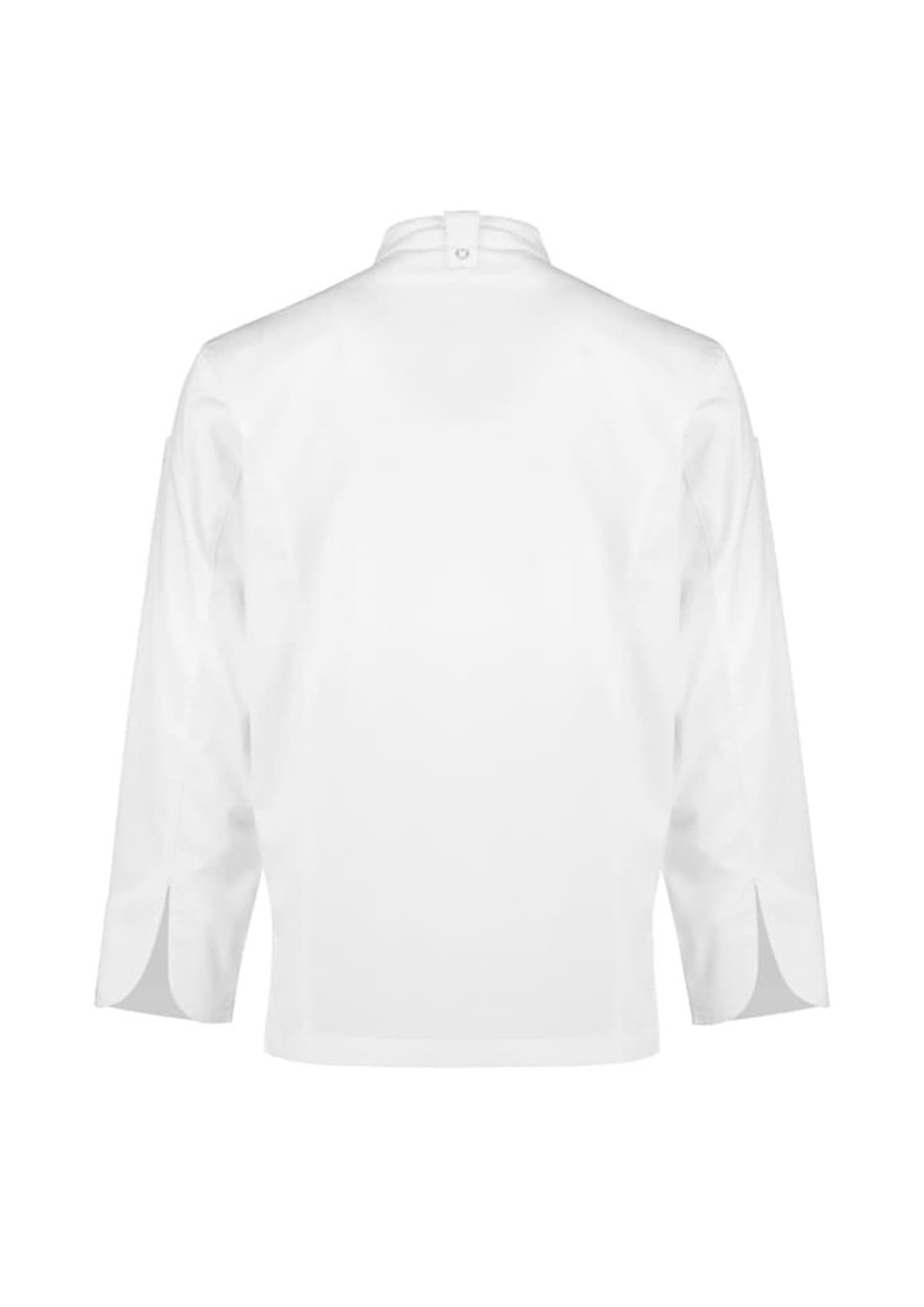 A white long sleeve chef jacket featuring a high collar and side slits, with a logo on the back.
