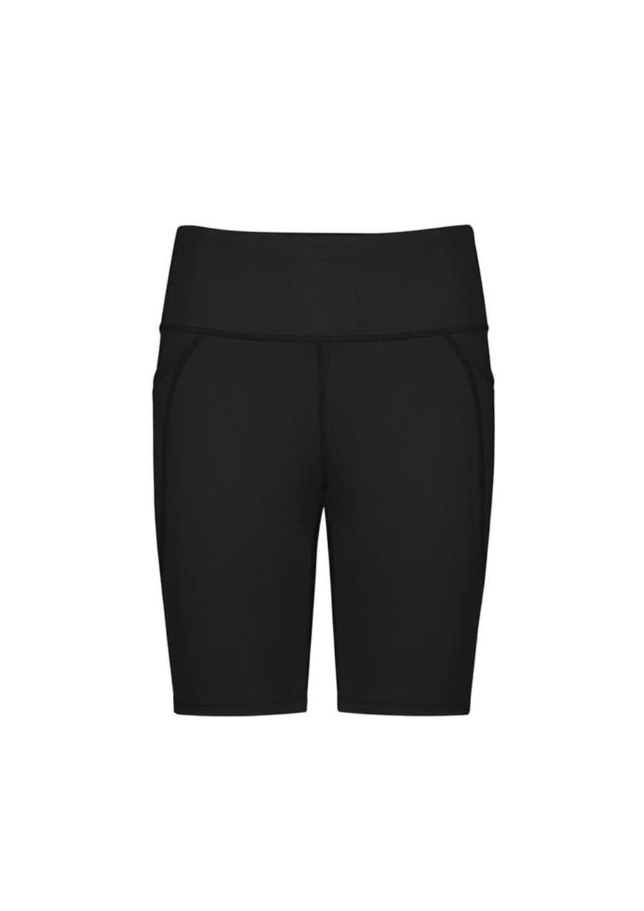 A pair of black women's bike shorts with a wide waistband and side pockets, featuring a logo.