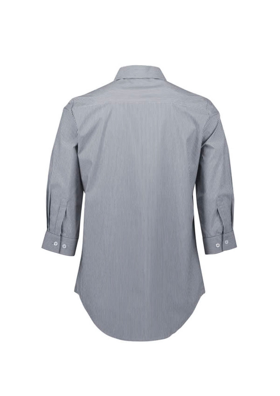 A button-up women's shirt in blue and white stripes, featuring 3/4 sleeves and a curved hemline, with a logo.