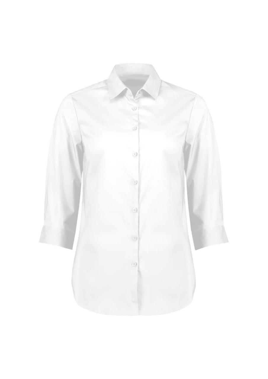 A white women's button-up shirt featuring 3/4 sleeves and a collar, with a subtle logo.