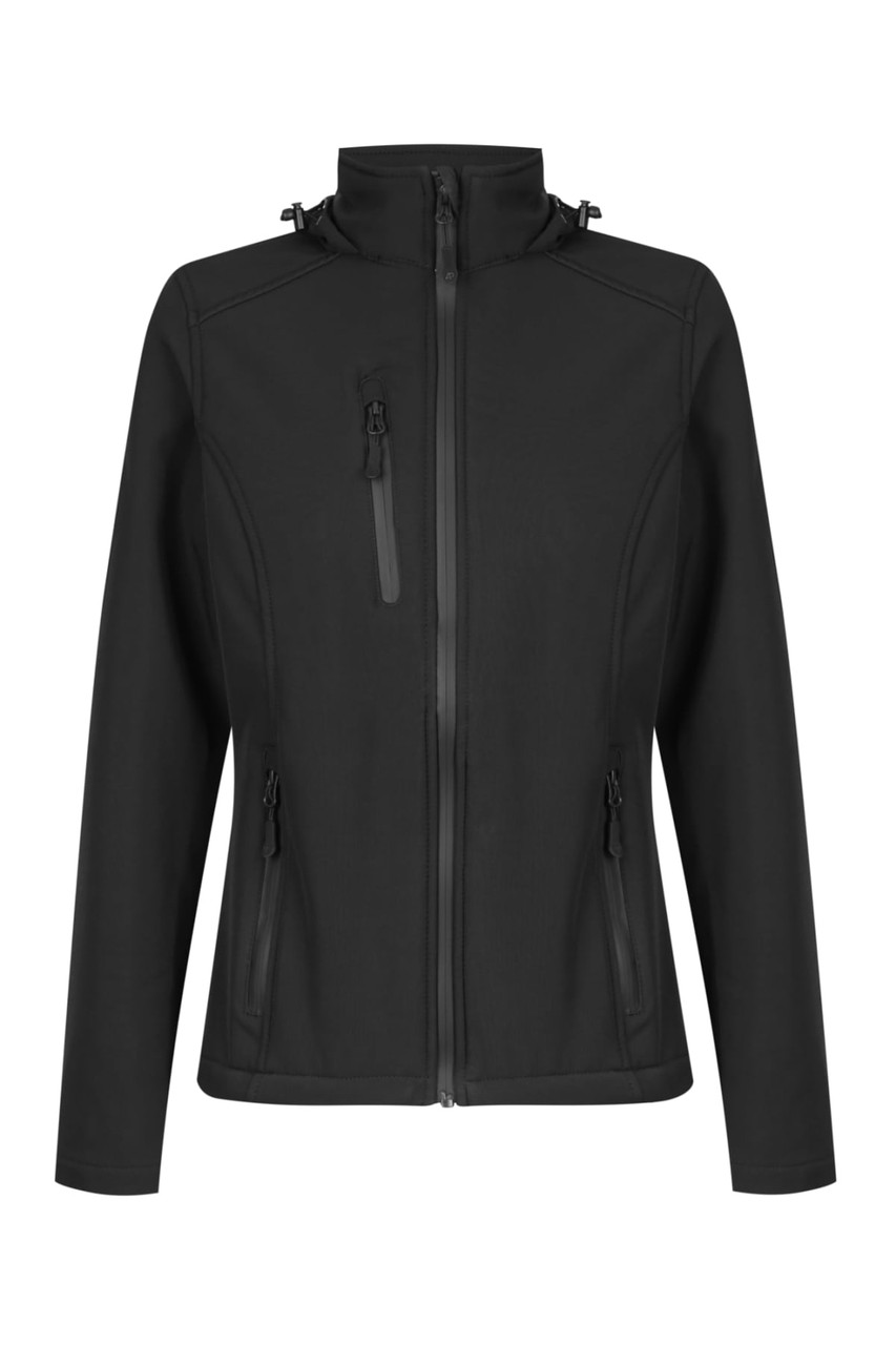 A black soft shell jacket featuring a zippered front and pockets, with a branding logo on the chest.