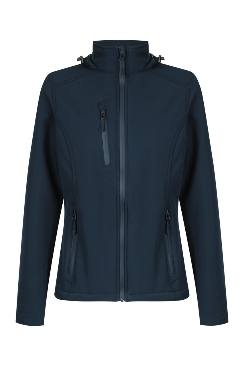 A soft shell jacket in dark blue with a zippered front and side pockets. Features a high collar and branded logo.