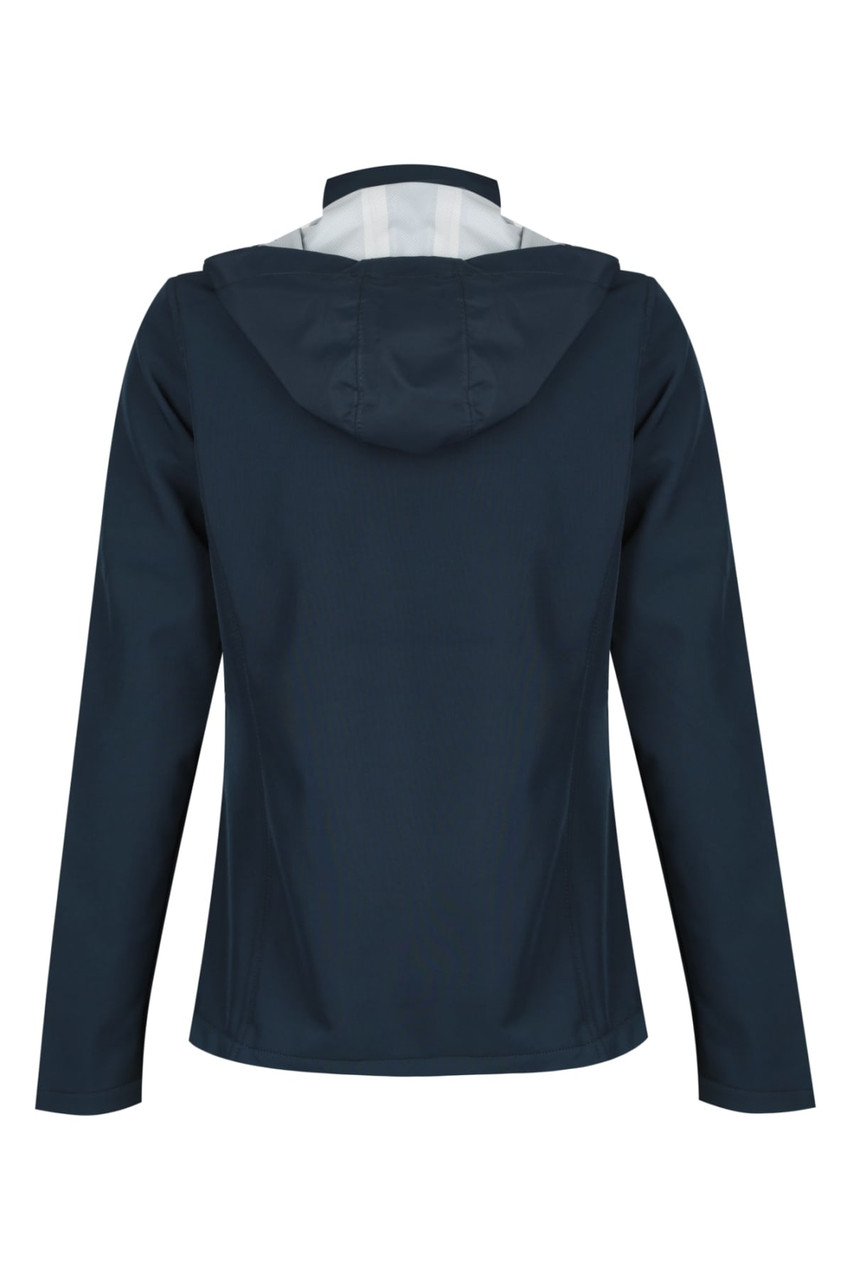 A navy soft shell jacket with a hood, featuring a white inner lining and a branding logo.