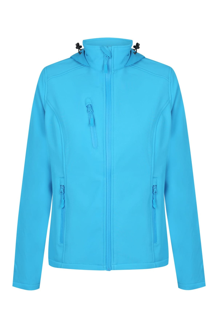 A bright blue soft shell jacket featuring a zippered front and two side pockets. It has a hood and a logo.