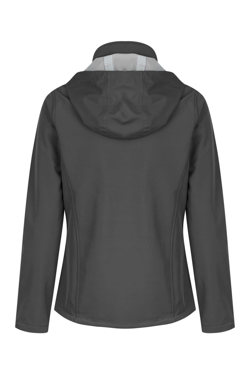 A soft shell jacket in dark grey with a hood, featuring a fitted design and a branded logo.